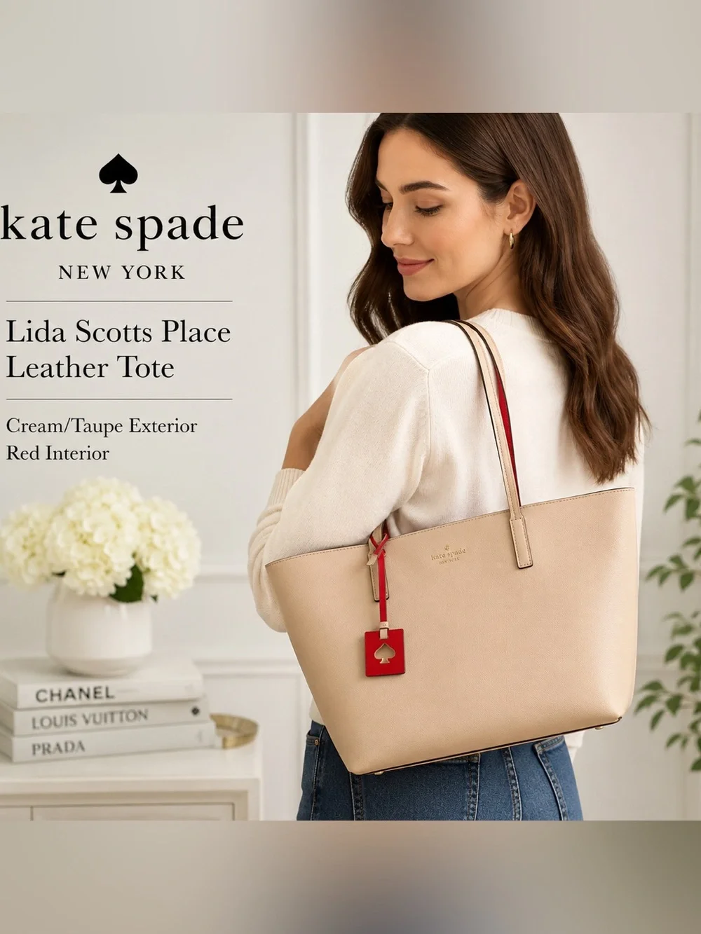 Kate Spade Lida Scotts Place Cream Taupe Leather Tote Bag Red Interior
